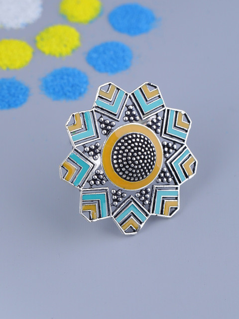 

Voylla Women Silver-Plated & Yellow Oxidised Enamelled Handcrafted Finger Ring