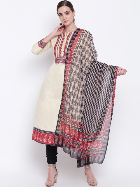

mf Cream-Coloured & Black Printed Unstitched Dress Material