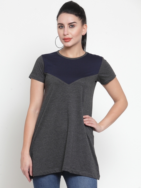 

Kalt Grey Melange & Navy Blue Colourblocked Tunic