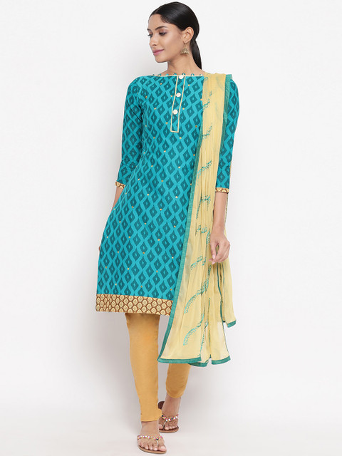 

mf Sea Green & Beige Printed Unstitched Dress Material