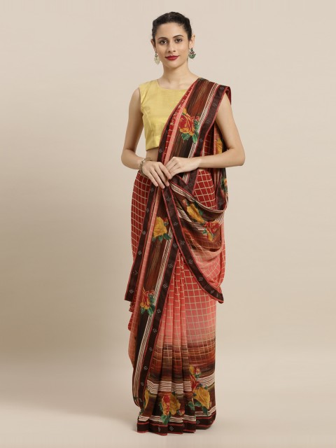 

Mitera Red & Beige Poly Georgette Checked Saree
