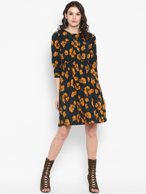 

The Vanca Women Floral Printed Black Fit and Flare Dress