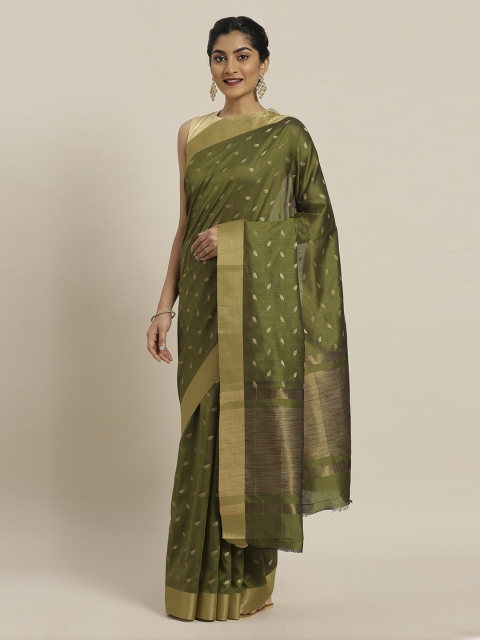 

Mitera Olive Green Silk Blend Woven Design Chanderi Saree