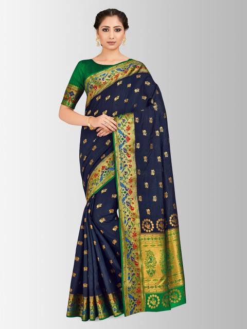 

MIMOSA Navy Blue & Green Art Silk Woven Design Paithani Saree