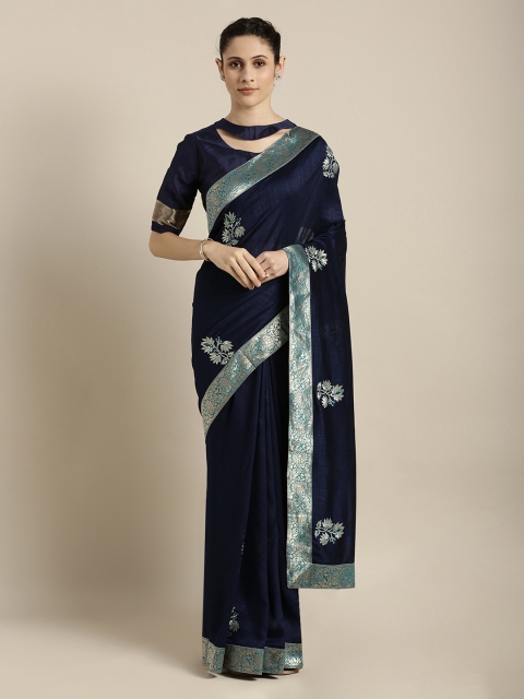 

Mitera Navy Blue Embroidered Poly Silk Saree