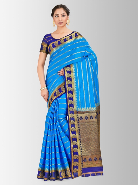 

MIMOSA Blue Poly Crepe Striped Mysore Silk Saree