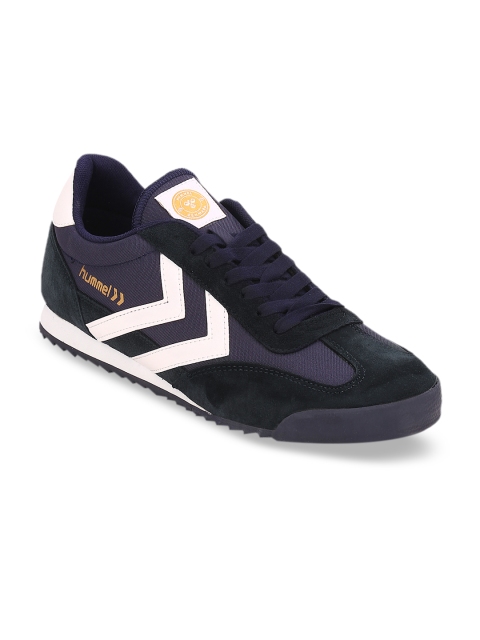 

hummel Unisex Navy Blue Striped Suede Mid-Top Sneakers