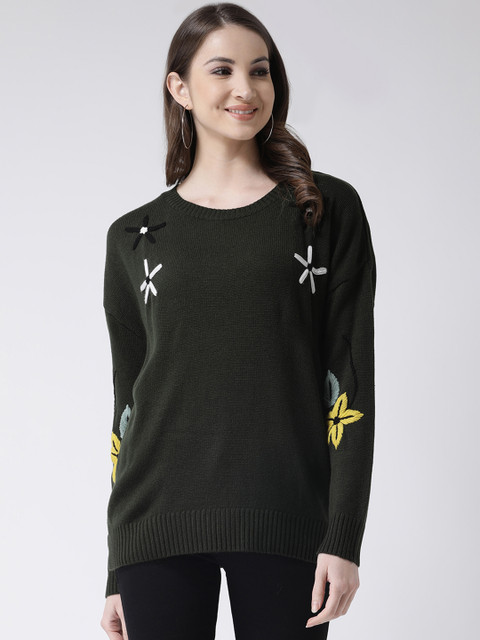 

Club York Women Olive Green Embroidered Solid Sweater