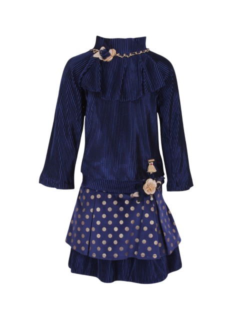 

CUTECUMBER Girls Navy Blue & Gold-Coloured Solid Top with Printed Skirt