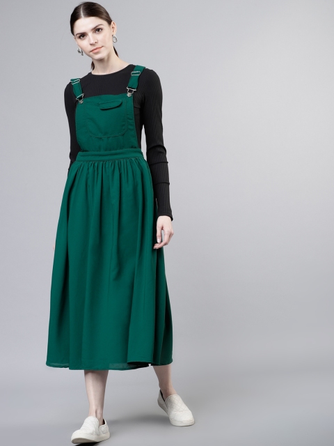 

Tokyo Talkies Women Solid Green Pinafore Dress