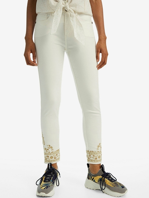 

Desigual Women White Skinny Fit Printed Regular Trousers