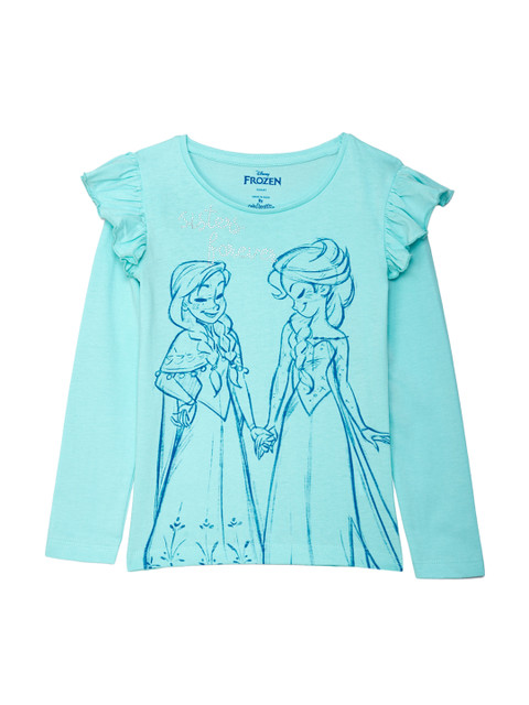 

Kids Ville Girls Turquise Blue Frozen Printed Ruffle Sleeves Top