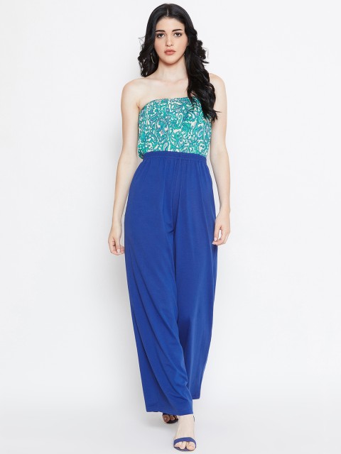 

THE SILHOUETTE STORE Women Blue & Green Printed Strapless Basic Jumpsuit