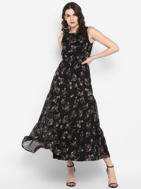 

The Vanca Women Floral Printed Black Fit and Flare Dress
