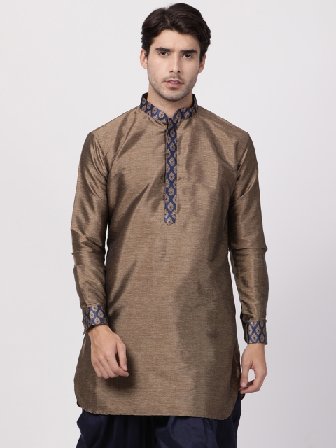 

VASTRAMAY Men Navy Blue & Taupe Woven Design Straight Kurta