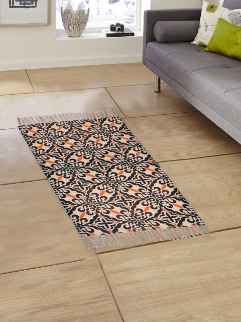 

EverHOME Beige & Blue Rectangle Printed No-shredding Light Dhurrie, Black