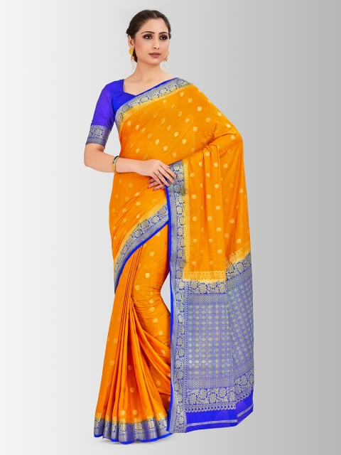 

MIMOSA Mustard Yellow & Blue Poly Crepe Woven Design Mysore Silk Saree