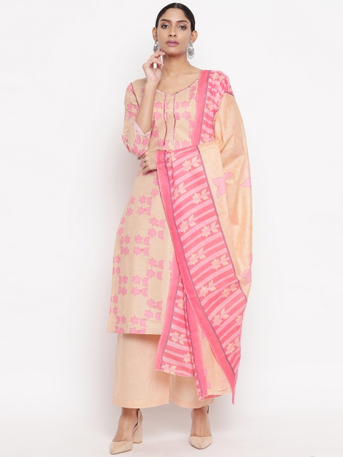 

mf Beige & Pink Printed Unstitched Dress Material