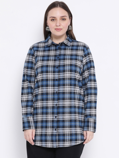 

Oxolloxo Women Blue & Grey Regular Fit Checked Longline Casual Shirt