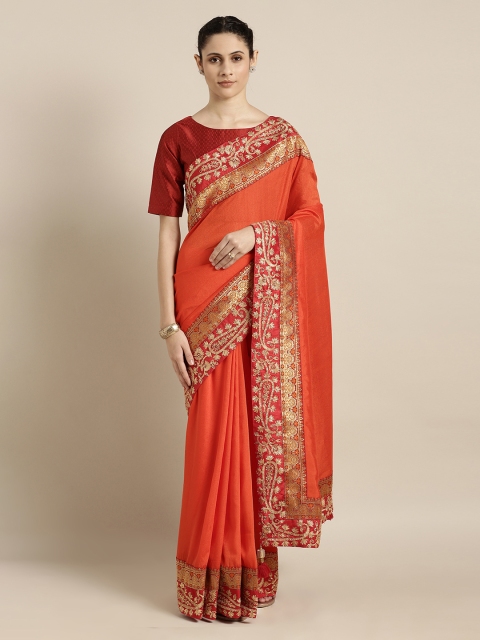 

Mitera Orange & Red Poly Silk Solid Saree