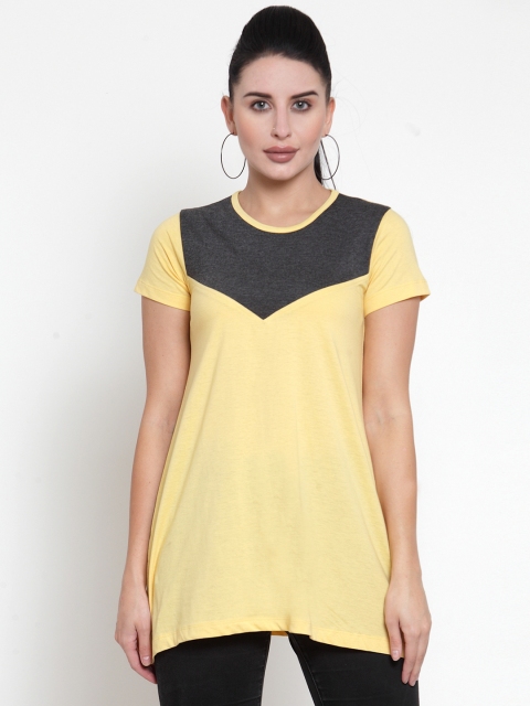 

Kalt Women Yellow & Grey Melange Colourblocked Round Neck Longline T-shirt