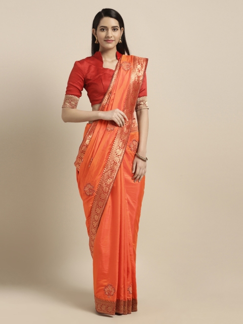

Mitera Orange & Gold-Toned Poly Silk Embroidered Saree