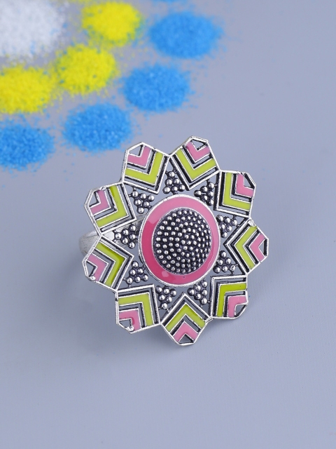 

Voylla Women Silver-Plated & Yellow Oxidised Enamelled Handcrafted Ring
