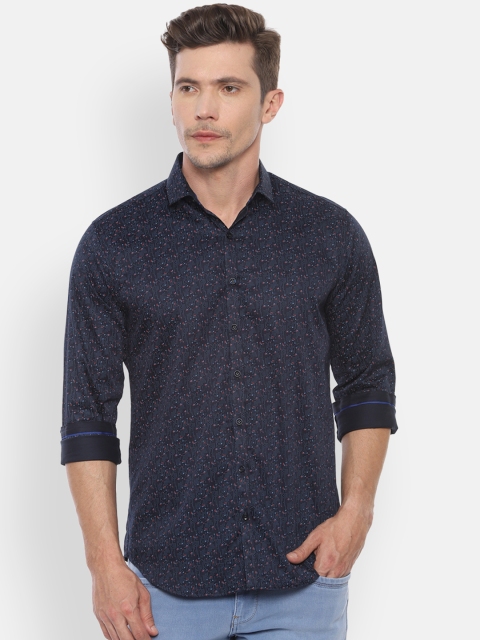 V Dot Men Navy Blue Slim Fit Printed Casual Shirt