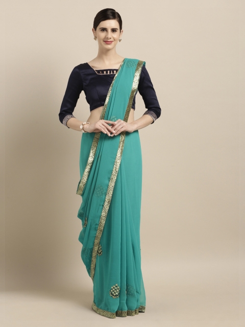 

Mitera Sea Green & Gold-Coloured Poly Chiffon Embroidered Saree