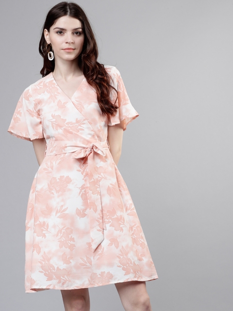 

Tokyo Talkies Women Peach-Coloured & White Printed Wrap Dress