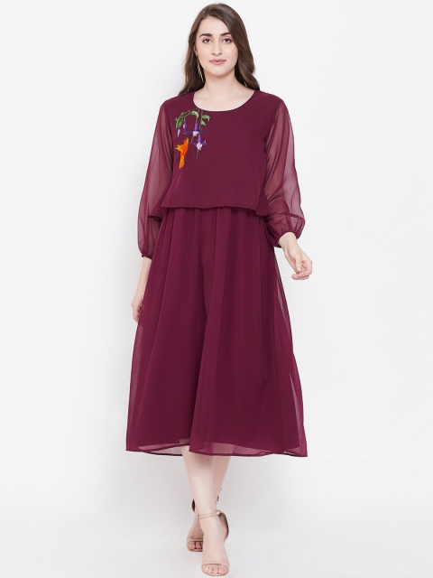 

Bitterlime Women Maroon Embroidered A-Line Dress