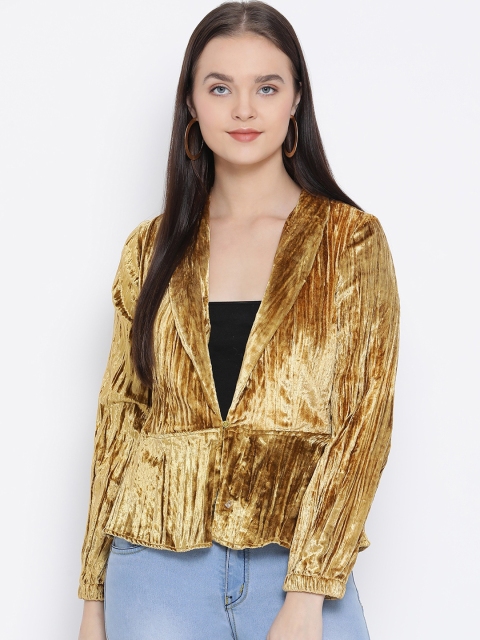 

Oxolloxo Women Gold-Toned Solid Single-Breasted Crushed Velvet Blazer