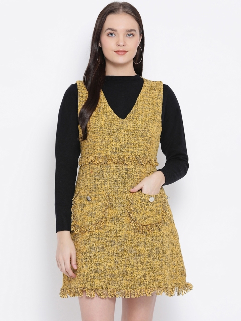 

Oxolloxo Women Mustard Yellow Self Design Pinafore Dress