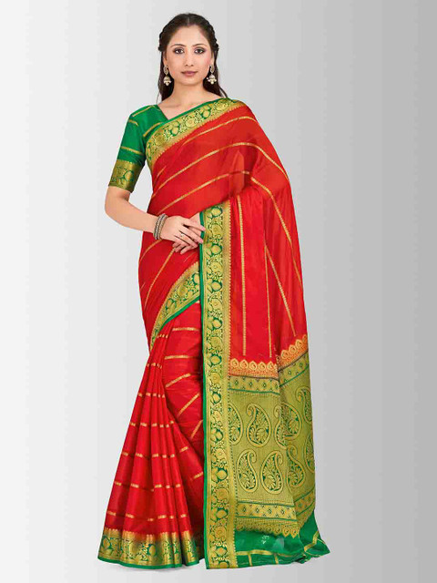 

MIMOSA Red & Green Poly Crepe Striped Mysore Silk Saree