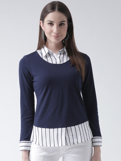 

Texco Women Navy Blue Striped Shirt Style Top