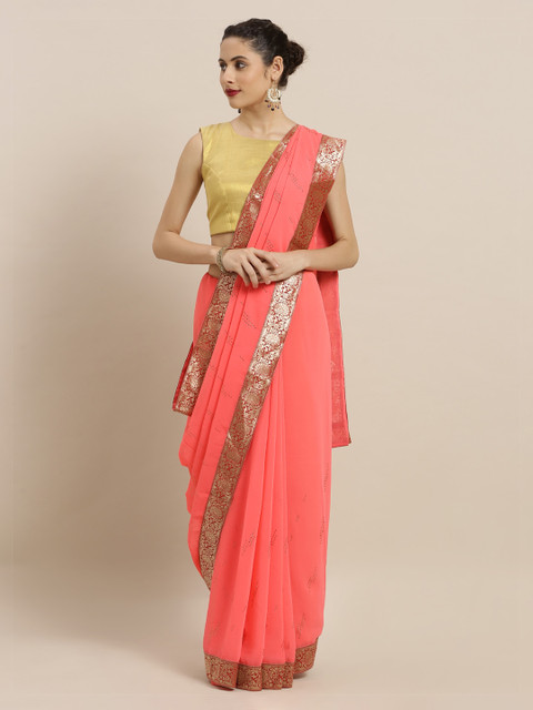 

Mitera Pink & Red Poly Chiffon Embellished Saree