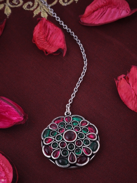 

Voylla Silver-Plated Green & Pink Stone-Studded Oxidized Maang Tikka