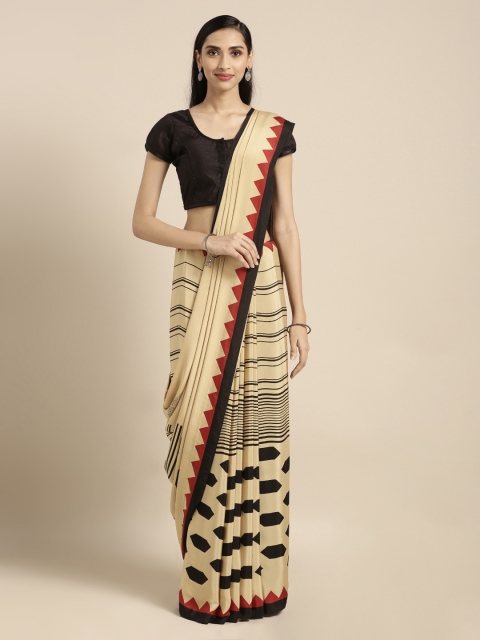 

Mitera Cream-Coloured & Black Pure Crepe Printed Saree