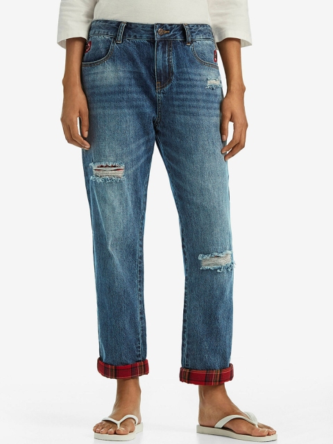 

Desigual Women Blue Boyfriend Fit Low-Rise Mildly Distressed Jeans