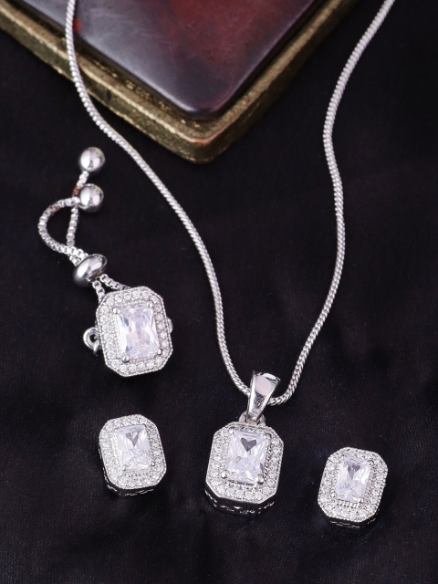 

Voylla Silver-Plated White CZ-Studded Antique Jewellery Set