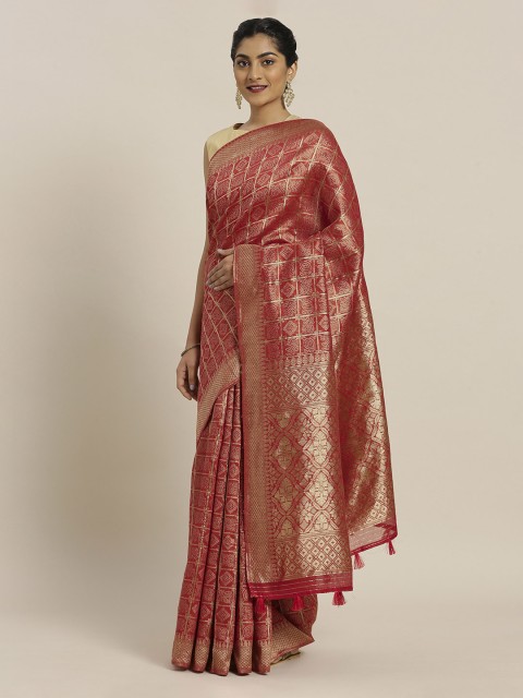 

Mitera Red & Gold-Coloured Silk Cotton Woven Design Banarasi Saree