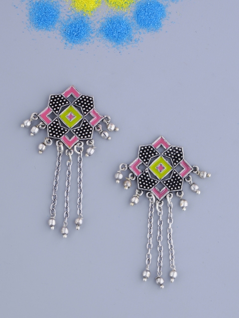 

Voylla Silver-Plated Oxidised EnamaledDrop Earrings