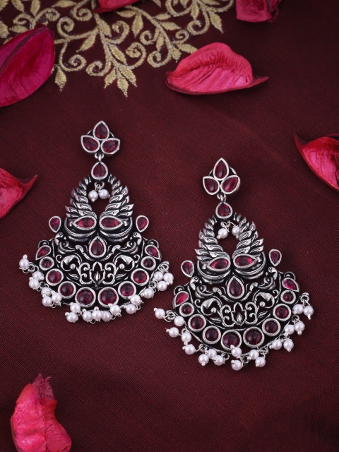 

Voylla Silver-Plated Oxidised Red and Silver Classic Drop Earrings