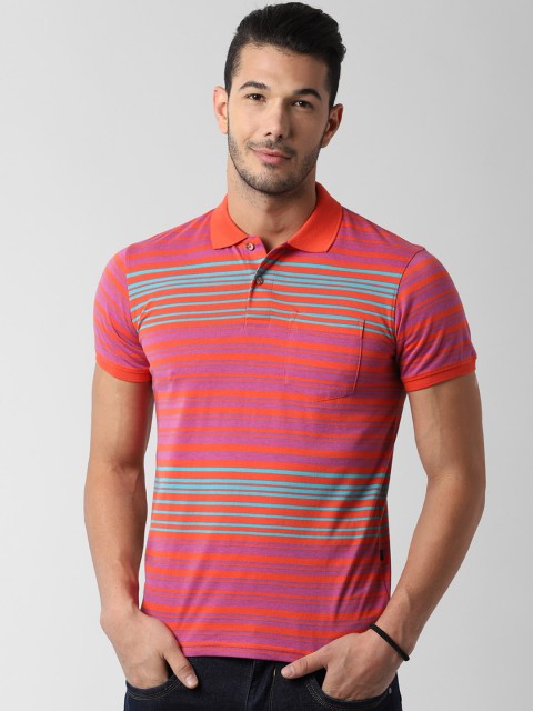 

Peter England Casuals Men Pink Striped Polo Collar T-shirt