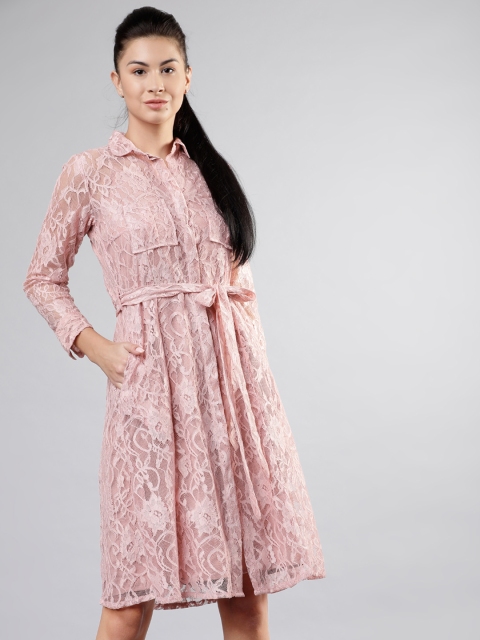 Women Pink Lace Shirt Dress