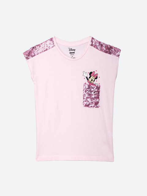

Kids Ville Girls Pink Mickey Mouse Printed Sequinned Top