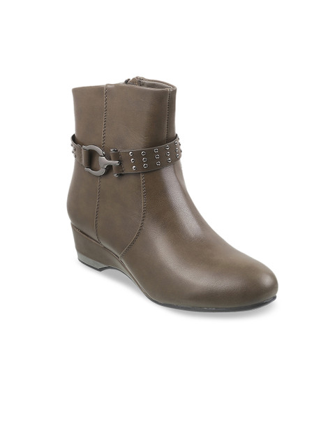 

Mochi Women Olive Brown Solid Heeled Boots