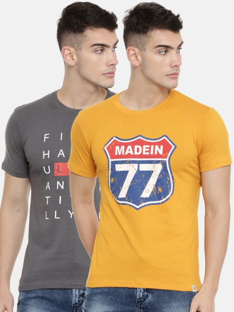 

Joven Men Pack of 2 Printed Round Neck T-shirt, Mustard