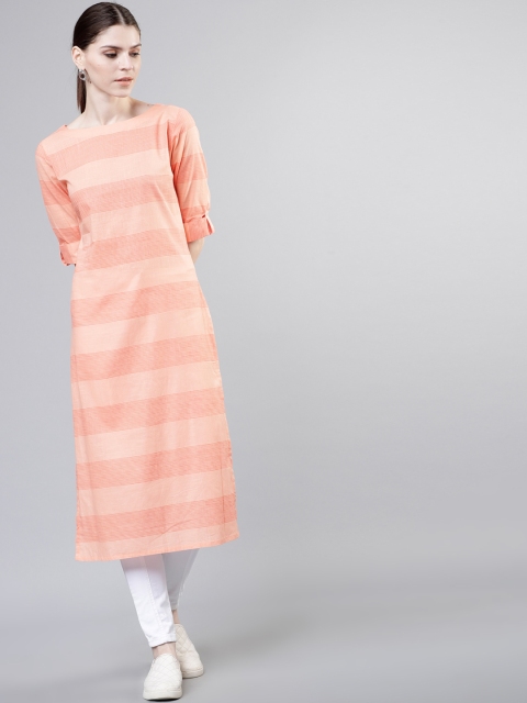 

Vishudh Women Peach-Coloured Striped Straight Kurta
