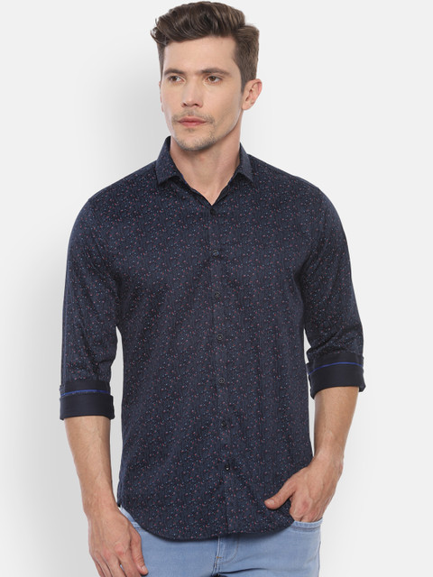 

V Dot Men Navy Blue Slim Fit Printed Casual Shirt